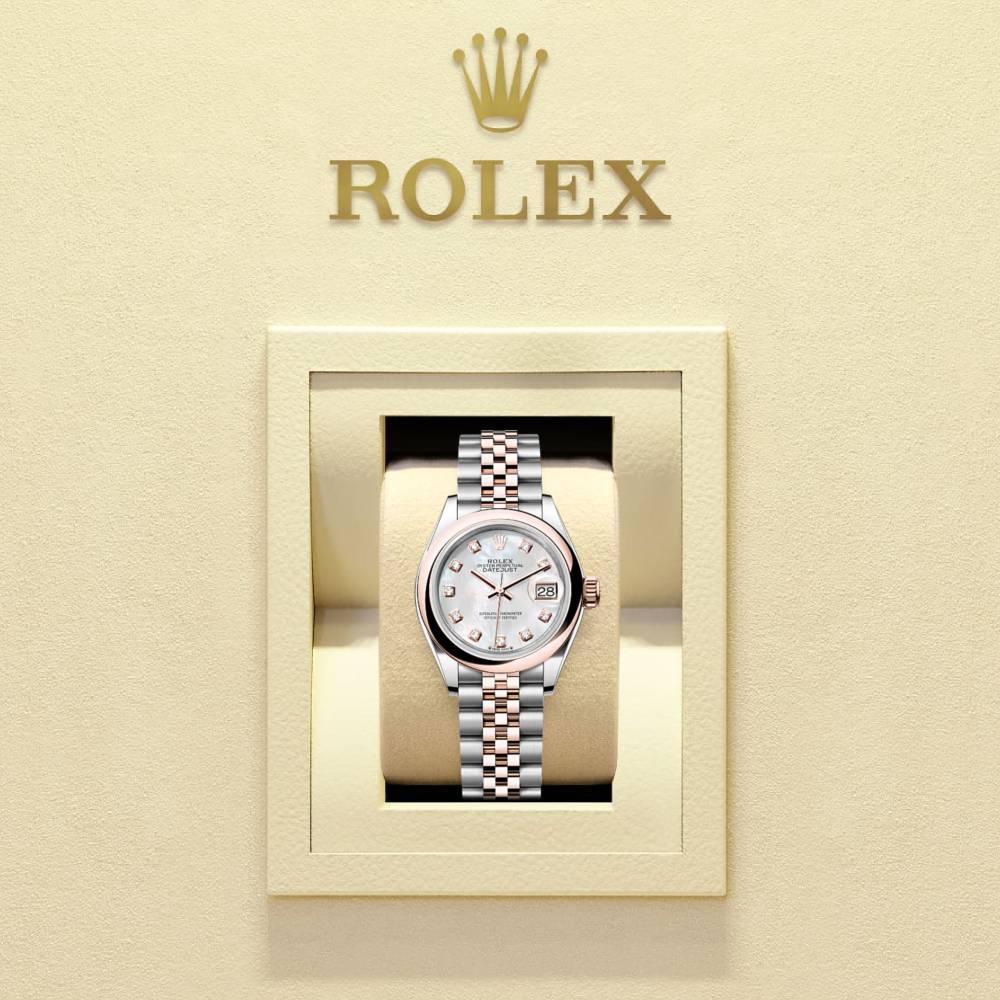 Rolex Lady-Datejust 28mm - Ref: 279161-0013 - White Mother of Pearl Diamond Dial, Two Tone Stainless Steel & 18K Rose Gold Jubilee Bracelet Women's Watch