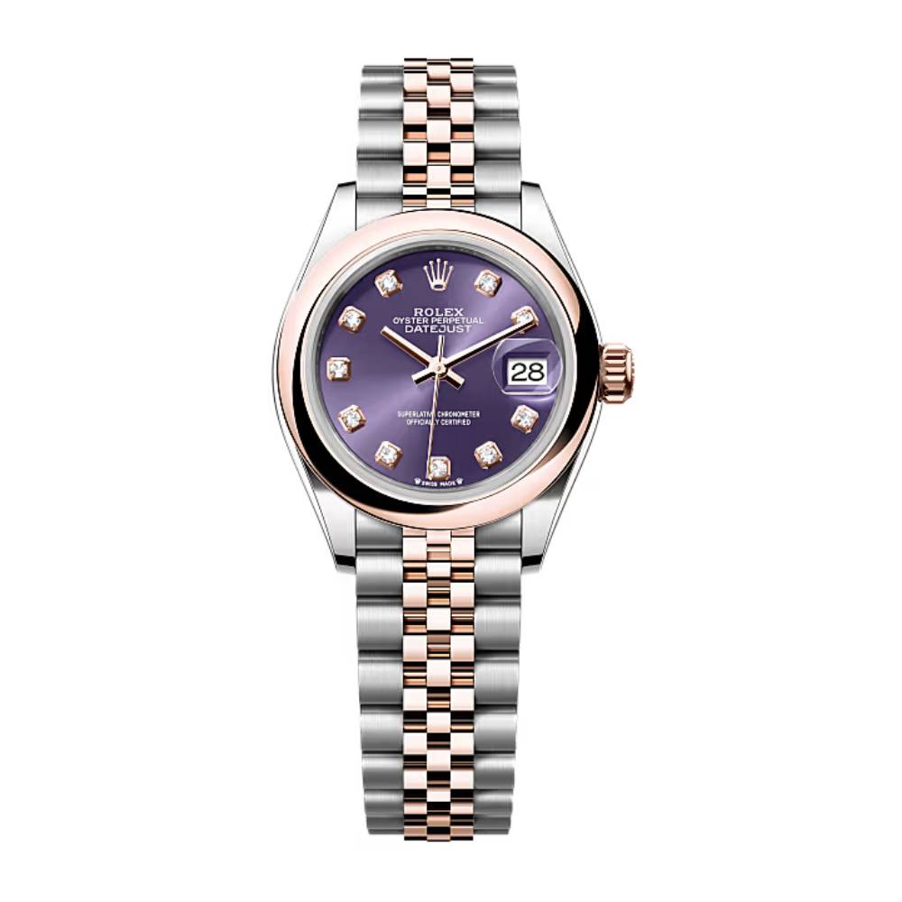 Rolex Lady-Datejust 28mm - Ref: 279161-0015 - Aubergine Purple Diamond Dial, Two Tone Stainless Steel & 18K Rose Gold Jubilee Bracelet Women's Watch