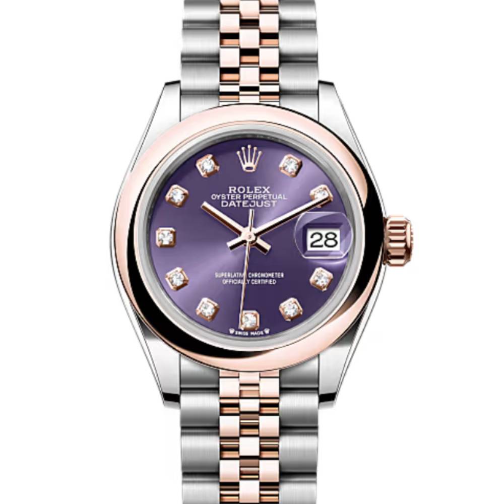 Rolex Lady-Datejust 28mm - Ref: 279161-0015 - Aubergine Purple Diamond Dial, Two Tone Stainless Steel & 18K Rose Gold Jubilee Bracelet Women's Watch