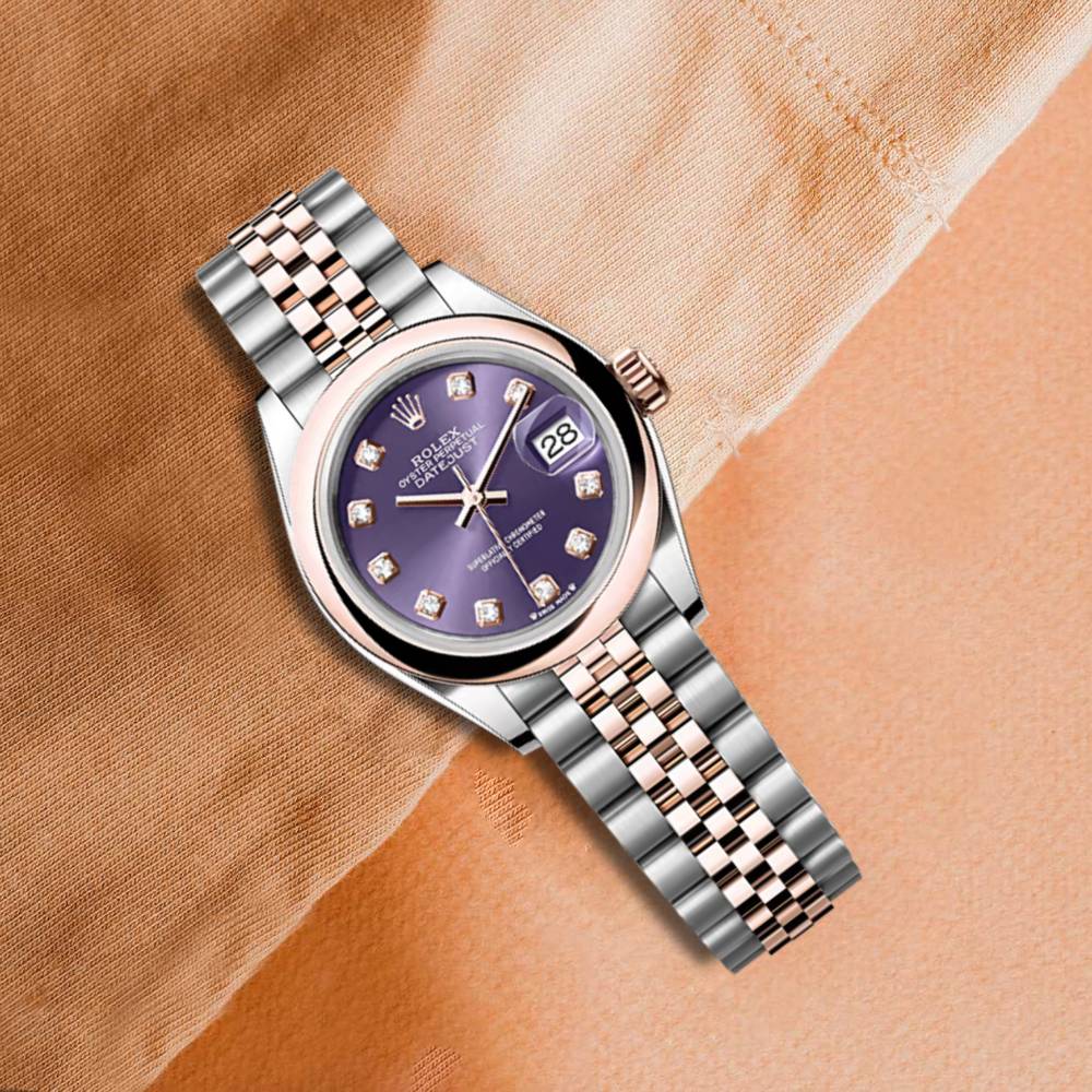 Rolex Lady-Datejust 28mm - Ref: 279161-0015 - Aubergine Purple Diamond Dial, Two Tone Stainless Steel & 18K Rose Gold Jubilee Bracelet Women's Watch