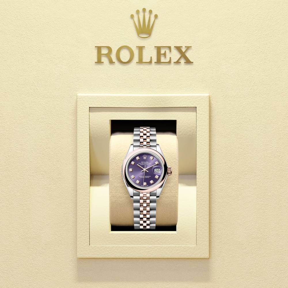 Rolex Lady-Datejust 28mm - Ref: 279161-0015 - Aubergine Purple Diamond Dial, Two Tone Stainless Steel & 18K Rose Gold Jubilee Bracelet Women's Watch