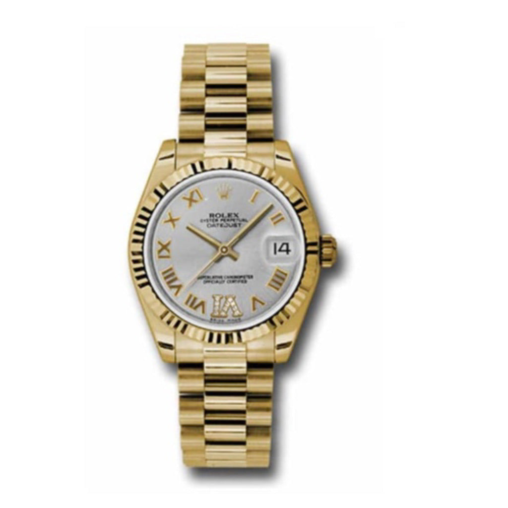 Rolex, Datejust 31 Watch Silver dial, Fluted bezel, President, Yellow Gold 178278 sdrp