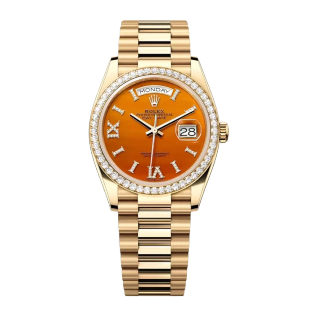 2023 RELEASE Rolex, Day-Date 36, Carnelian set with diamonds dial, President bracelet, 18k yellow gold Watch 128348RBR