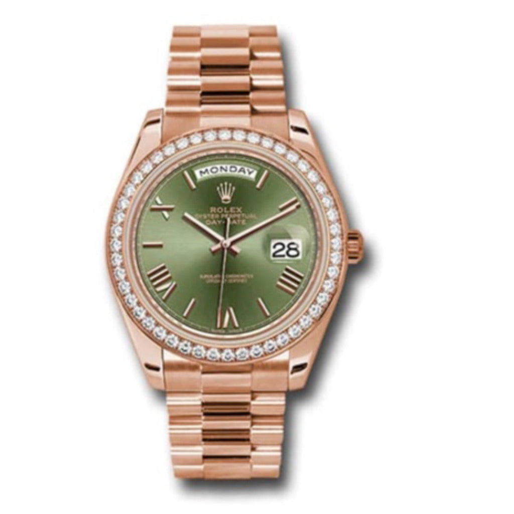 Rolex, Day-Date 40, Presidential Olive green dial, Diamond Bezel, President bracelet, Watch 228345rbr-0011