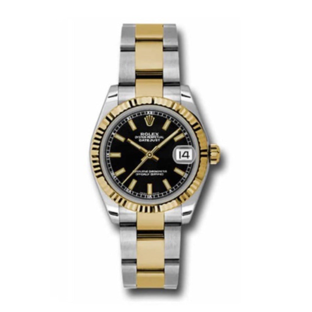 Rolex, Datejust 31mm, Two-Tone Stainless Steel and 18k Yellow Gold Oyster bracelet, Black dial Fluted bezel, Ladies Watch 178273 bkio