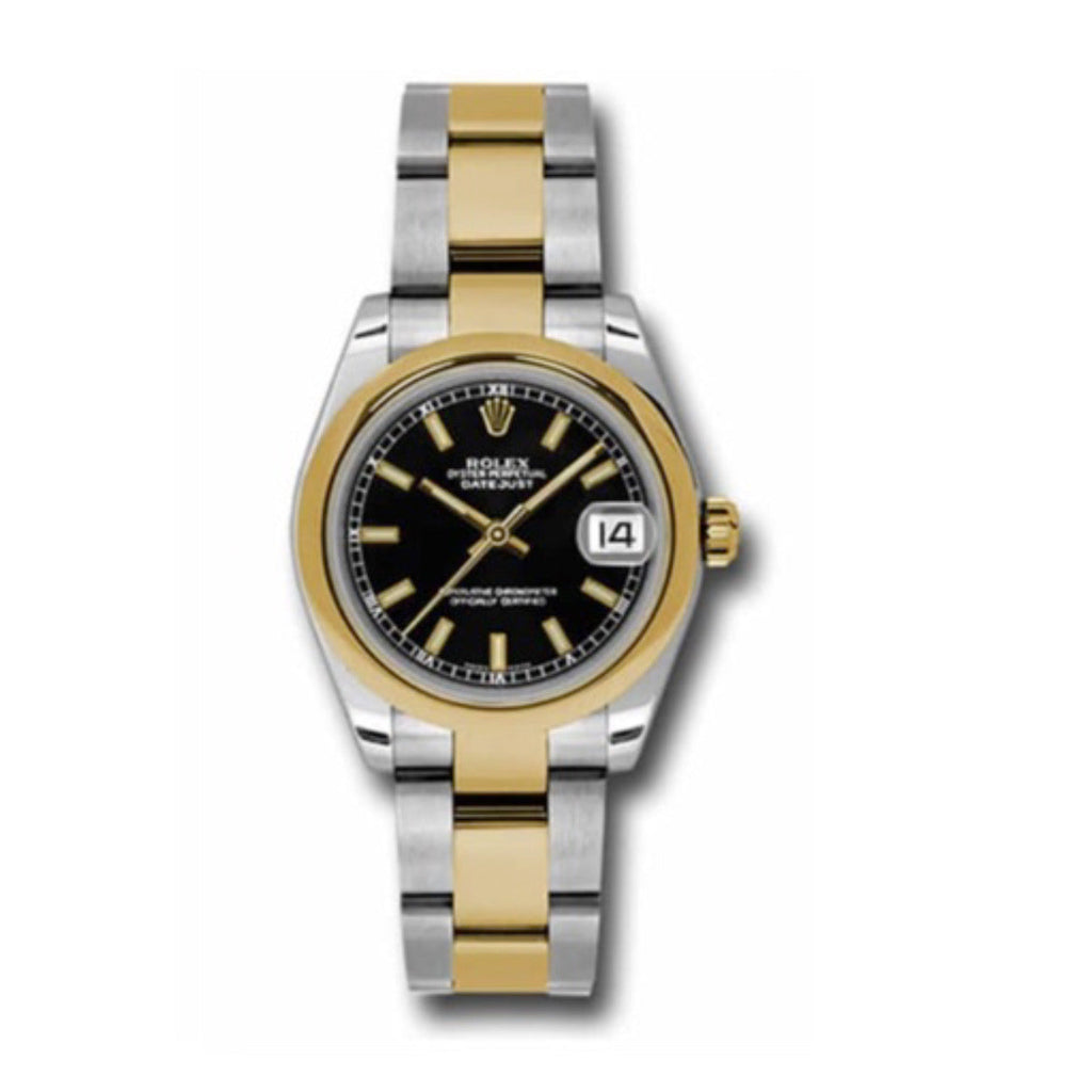Rolex, Datejust 31mm, Two-Tone Stainless Steel and 18k Yellow Gold Oyster bracelet, Black dial Smooth bezel, Ladies Watch 178243 bkio