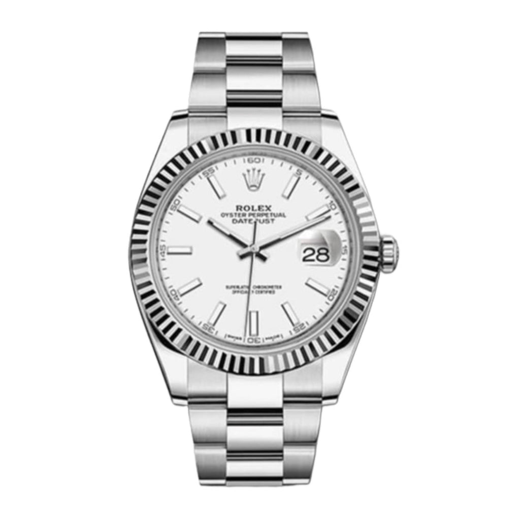 Rolex, Datejust 41mm, Stainless Steel Oyster bracelet, White dial Fluted bezel, Stainless steel and 18k white gold Case Men's Watch, Ref. # 126334-0009
