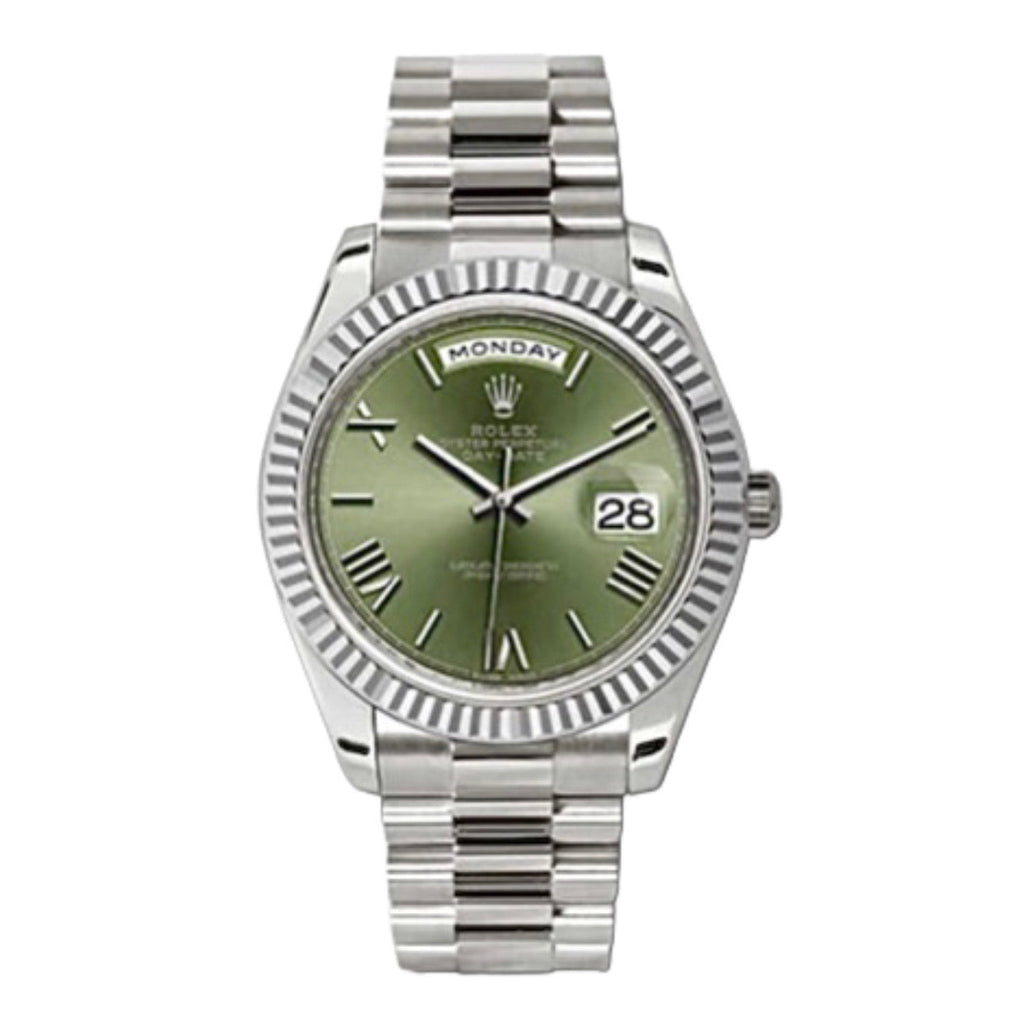 Rolex, Day-Date 40 Presidential Olive green dial, Fluted Bezel, President bracelet, White gold Watch 228239-0033