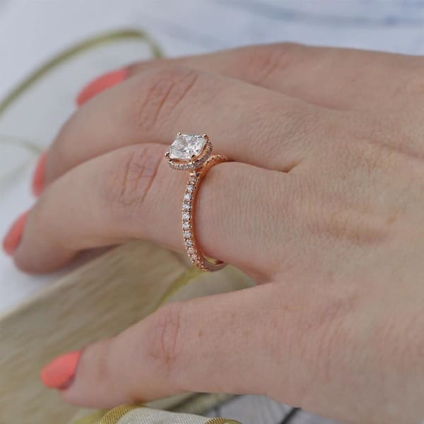 14k Rose Gold Engagement Ring with Center Cushion Cut 1.01ct. Diamond ENG-12606, Ring on a finger, 