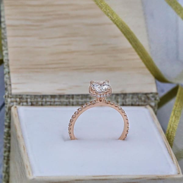 14k Rose Gold Engagement Ring with Center Cushion Cut 1.01ct. Diamond ENG-12606, Ring in packing