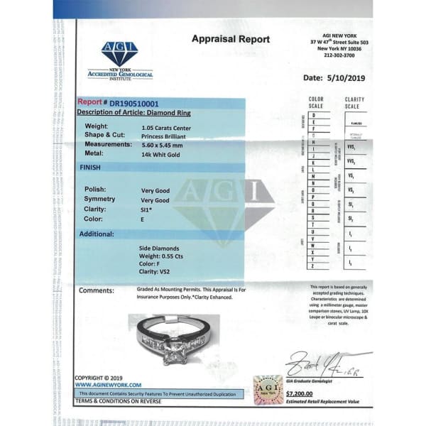 14k White Gold AGI Certified Engagement Ring with 1.60ct Diamonds ENG-14250,  Appraisal report