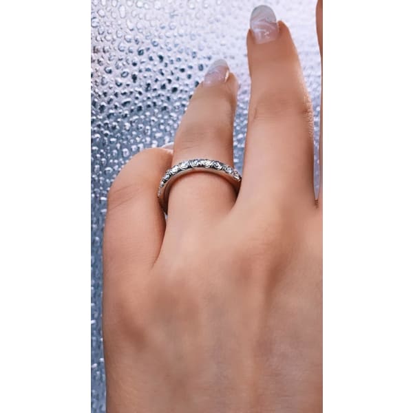 14k White Gold Diamond Wedding Band, Ring on a finger, side