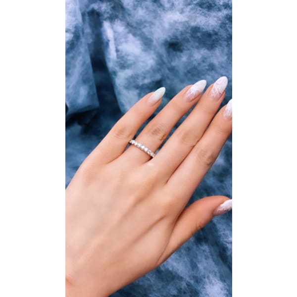 14k White Gold Diamond Wedding Band, Ring on a finger 