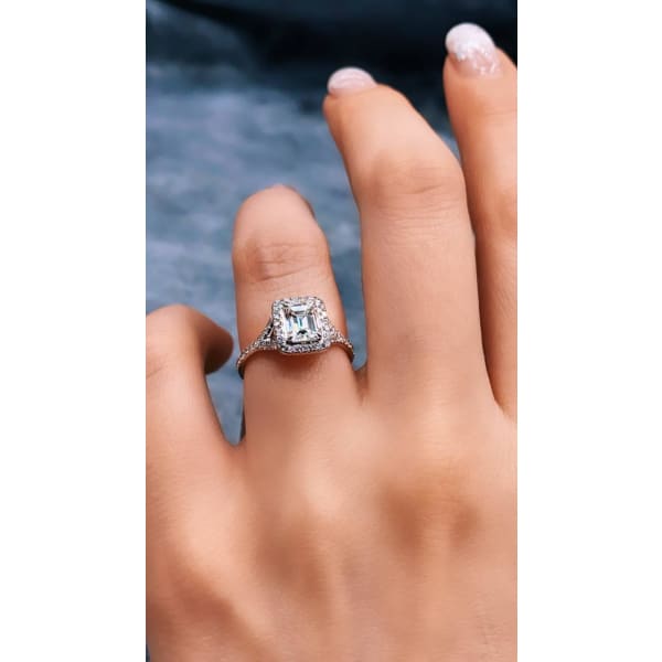14K White Gold Engagement Ring feature Center 0.79ct Emerald Cut Diamond, Full face