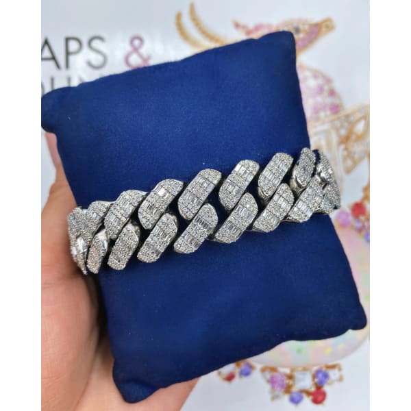 14k White Gold Fashion Cuban Link Diamond Bracelet with 