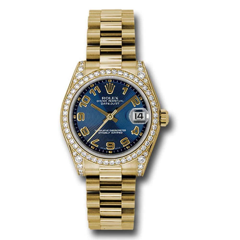 Rolex, Datejust 31mm Blue dial, President, Yellow Gold watch with diamonds 178158 blcap