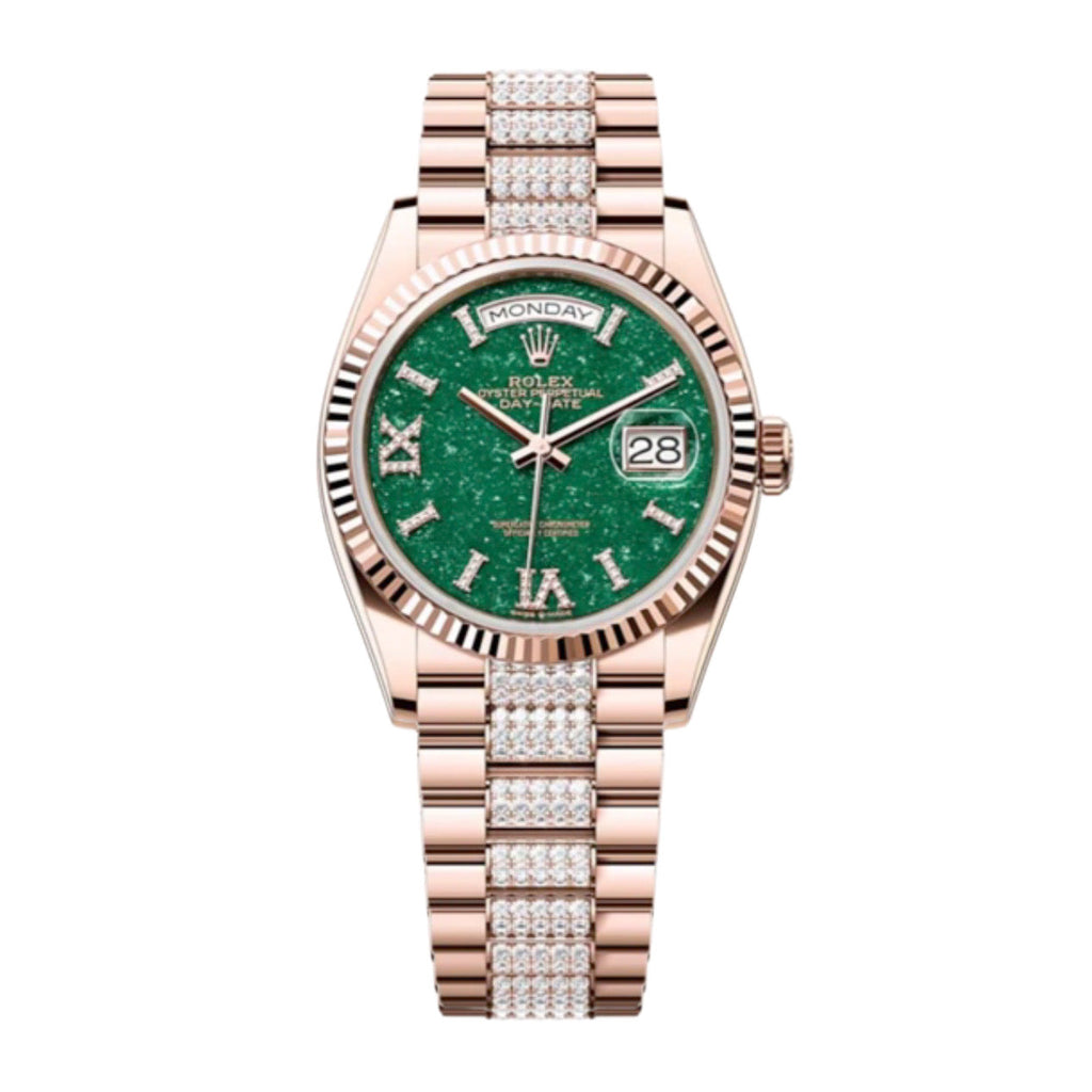 Rolex, Day-Date 36, Green aventurine set with diamonds dial, Diamond President bracelet, 18k Everose gold Watch 128235