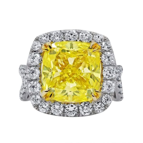 18k White Gold Fancy Yellow Diamond ring with center 8.31ct Cushion Cut Diamond