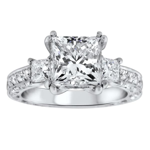 18kt White Gold Engagement Ring With Center Diamond 3.14ct Princess Cut With Antique Design RN-1710000