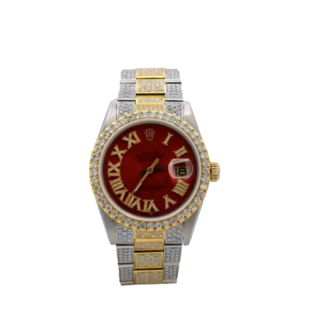 Rolex, Datejust 36 Watch, 18k Yellow Gold and Stainless Steel, ICED OUT, 15ct diamonds, Red Dial, 1601