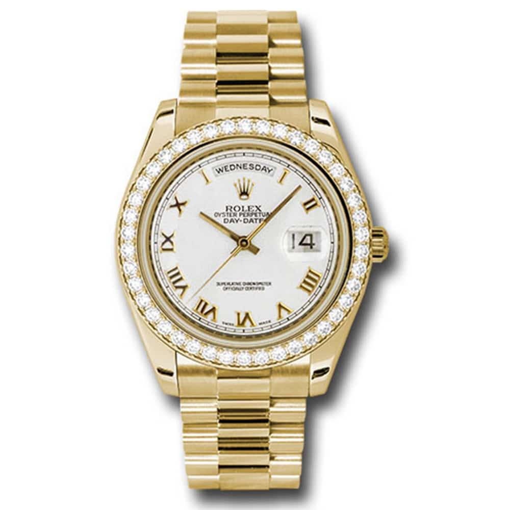 Rolex, Day-Date II White Dial, Diamond bezel, Yellow Gold, President Mens Watch  218348 wrp