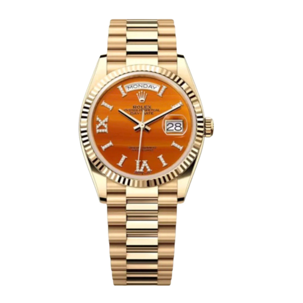 Rolex, Day-Date 36, Carnelian set with diamonds dial, President bracelet, 18k yellow gold Watch 128238