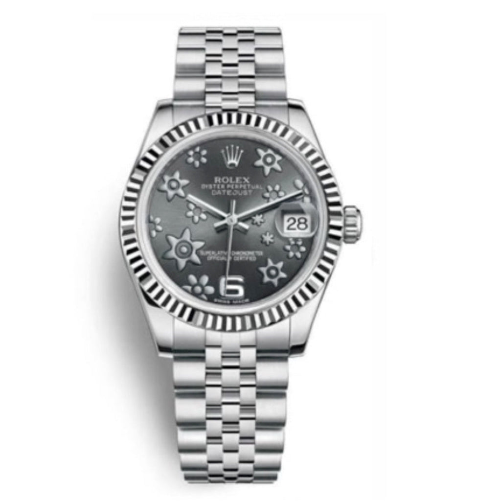 Rolex, Datejust 31 Watch Dark rhodium dial, Stainless steel Jubilee Bracelet, 18k White Gold Fluted Bezel 178274-0092