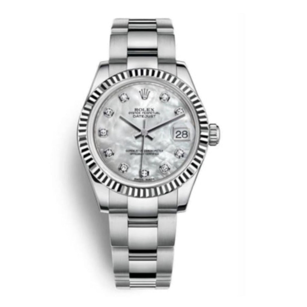 Rolex, Datejust 31 Watch, White Mother of pearl dial, Steel Oyster Bracelet, 18k White Gold Fluted Bezel, 178274-0056