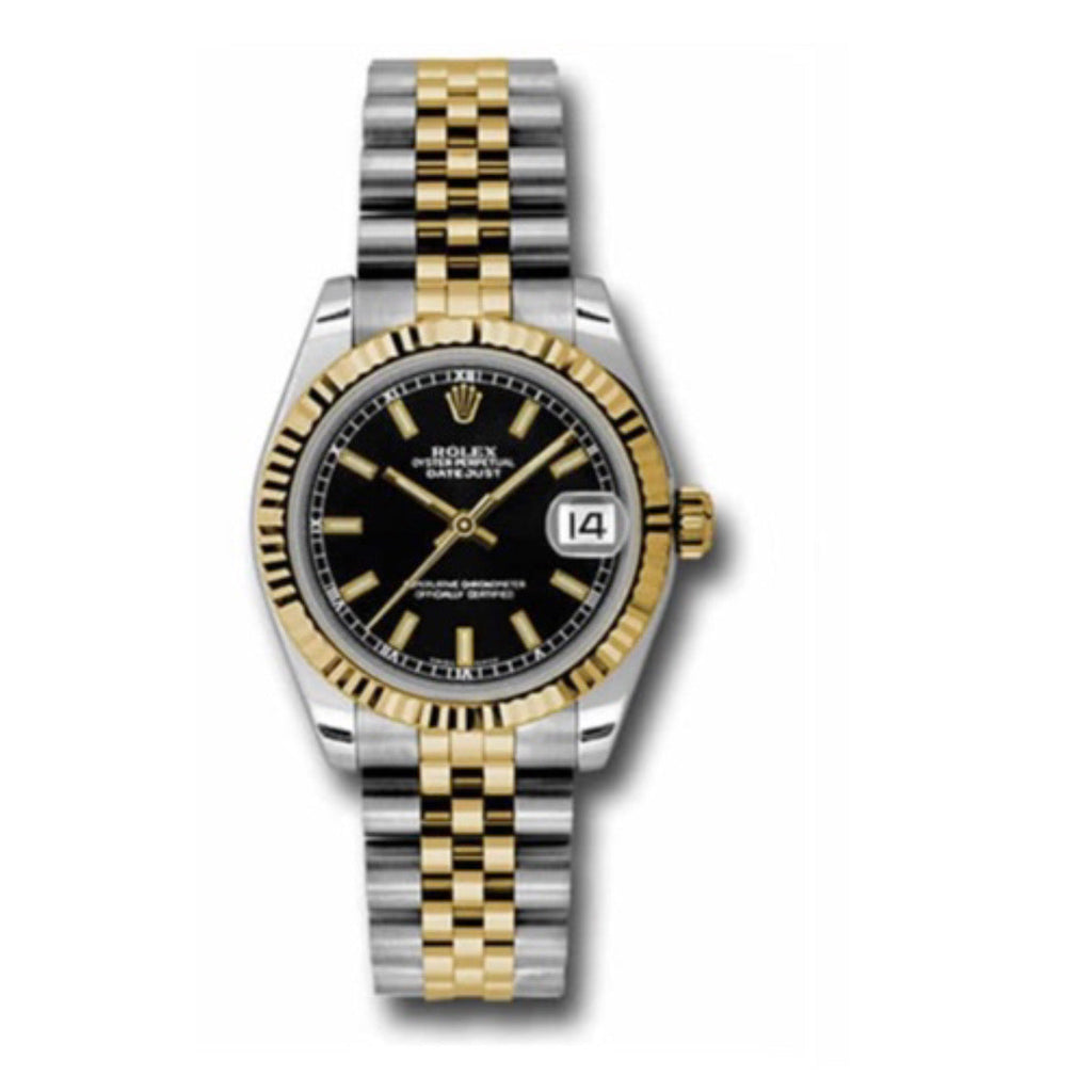 Rolex, Datejust 31mm, Two-Tone Stainless Steel and 18k Yellow Gold Jubilee bracelet, Black dial Fluted bezel, Ladies Watch 178273 bkij