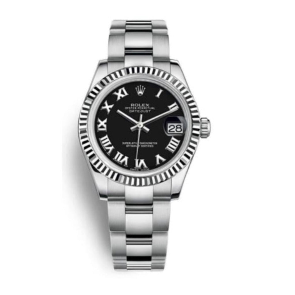 Rolex, Datejust 31 Watch Black Dial, Stainless steel Oyster Bracelet, 18k White Gold Fluted Bezel 178274-0078