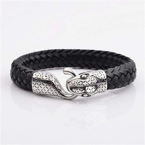 316L Stainless Steel Snake Head Real Cow Leather Bracelet Black