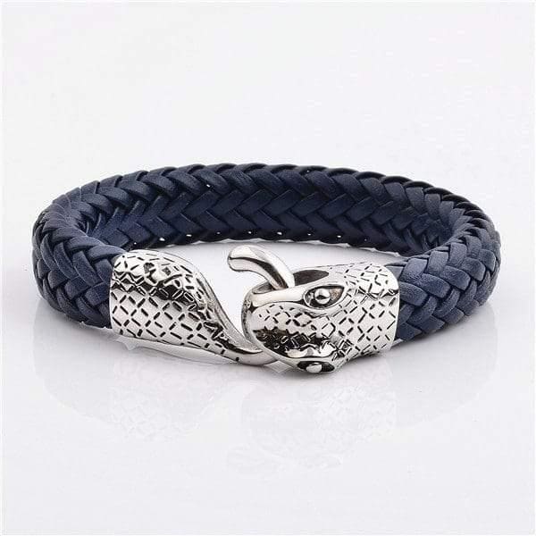 316L Stainless Steel Snake Head Real Cow Leather Bracelet Blue