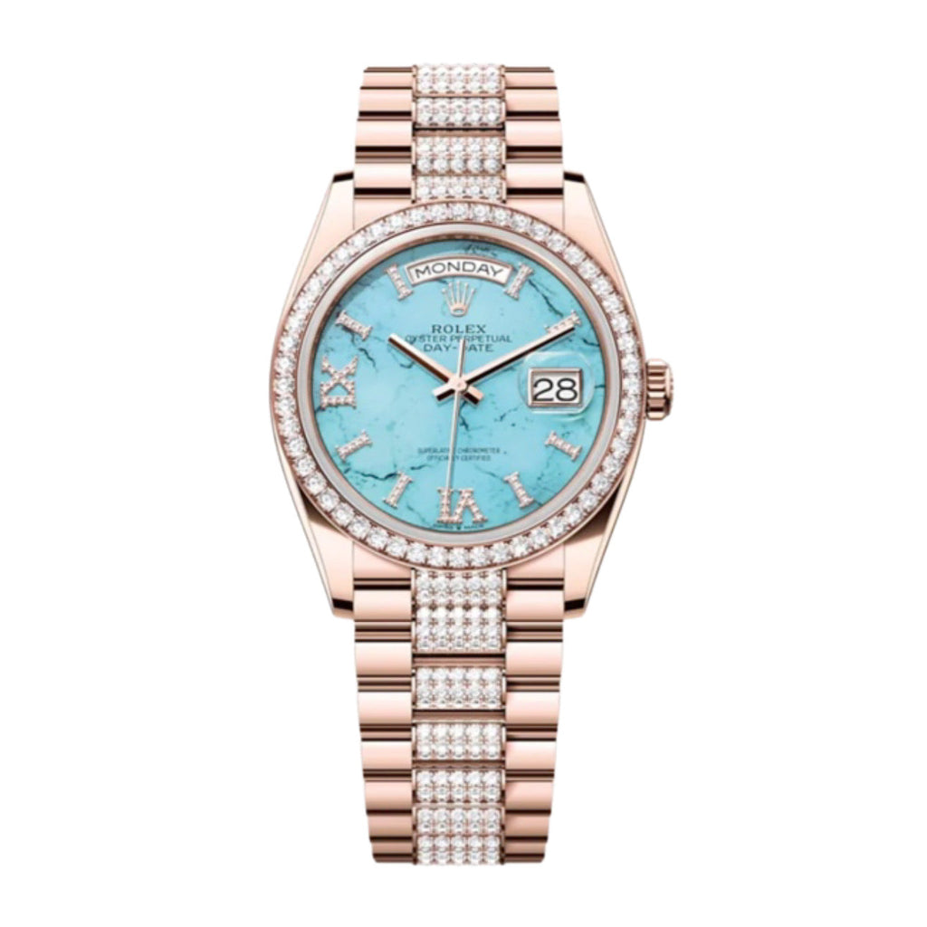 Rolex, Day-Date 36, Turquoise set with diamonds dial, President bracelet, 18k Everose gold Watch 128345RBR