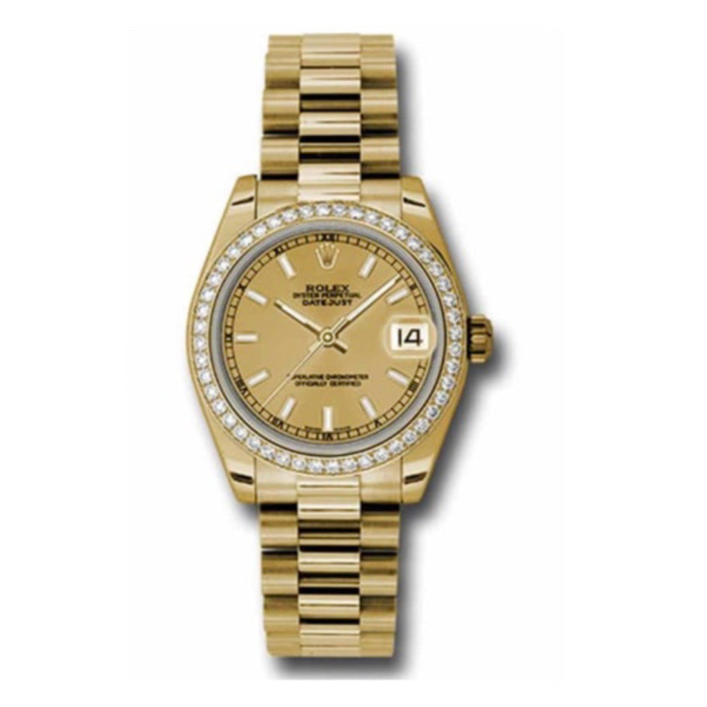 Rolex, Datejust 31 Watch Champagne dial, Diamond bezel, President, Yellow Gold 178288 chcap
