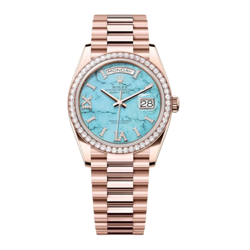 Rolex, Day-Date 36, Turquoise set with diamonds dial, President bracelet, 18k Everose gold Watch 128345RBR