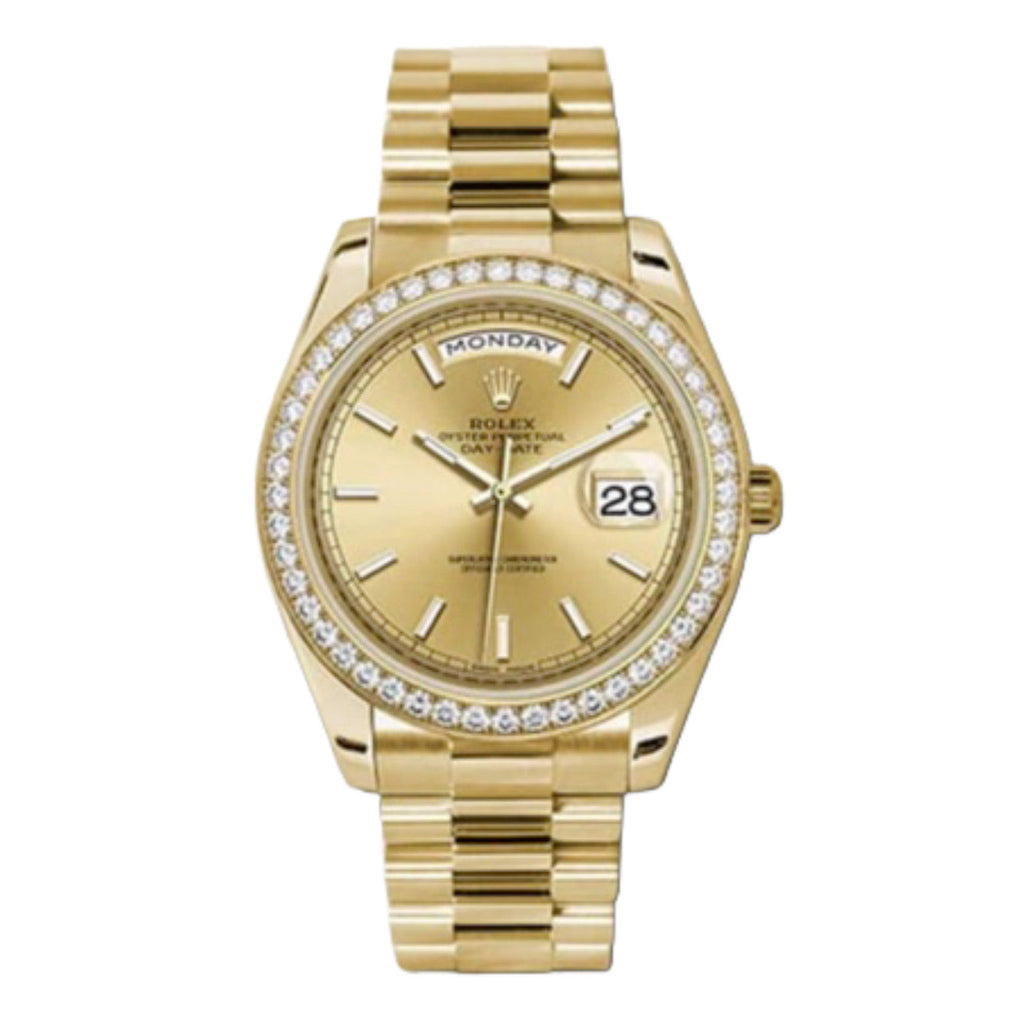 Rolex, Day-Date 40 Presidential Champagne dial, Diamond Bezel, President bracelet, Yellow gold Watch 228348rbr-0008