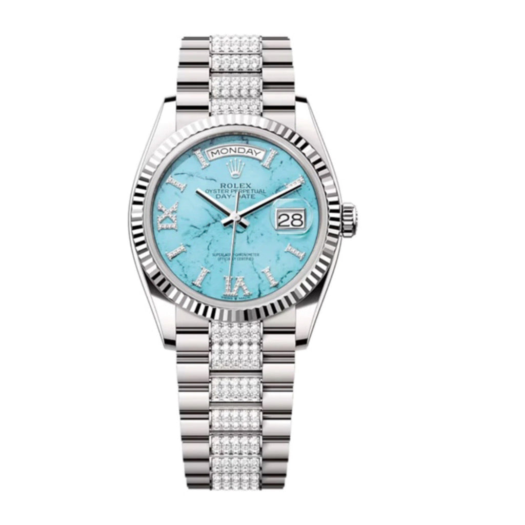 2023 Release Rolex, Day-Date 36, Turquoise set with diamonds dial, Diamond President bracelet, 18k white gold Watch 128239