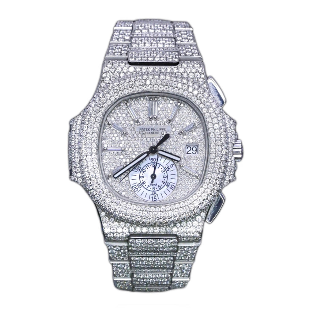 Custom Iced Out Patek Philippe, Nautilus Chronograph 44mm | Stainless Steel Diamond bracelet | Silvery white Diamond dial | Diamond Case Men's Watch, Ref. # 5980/1A-019