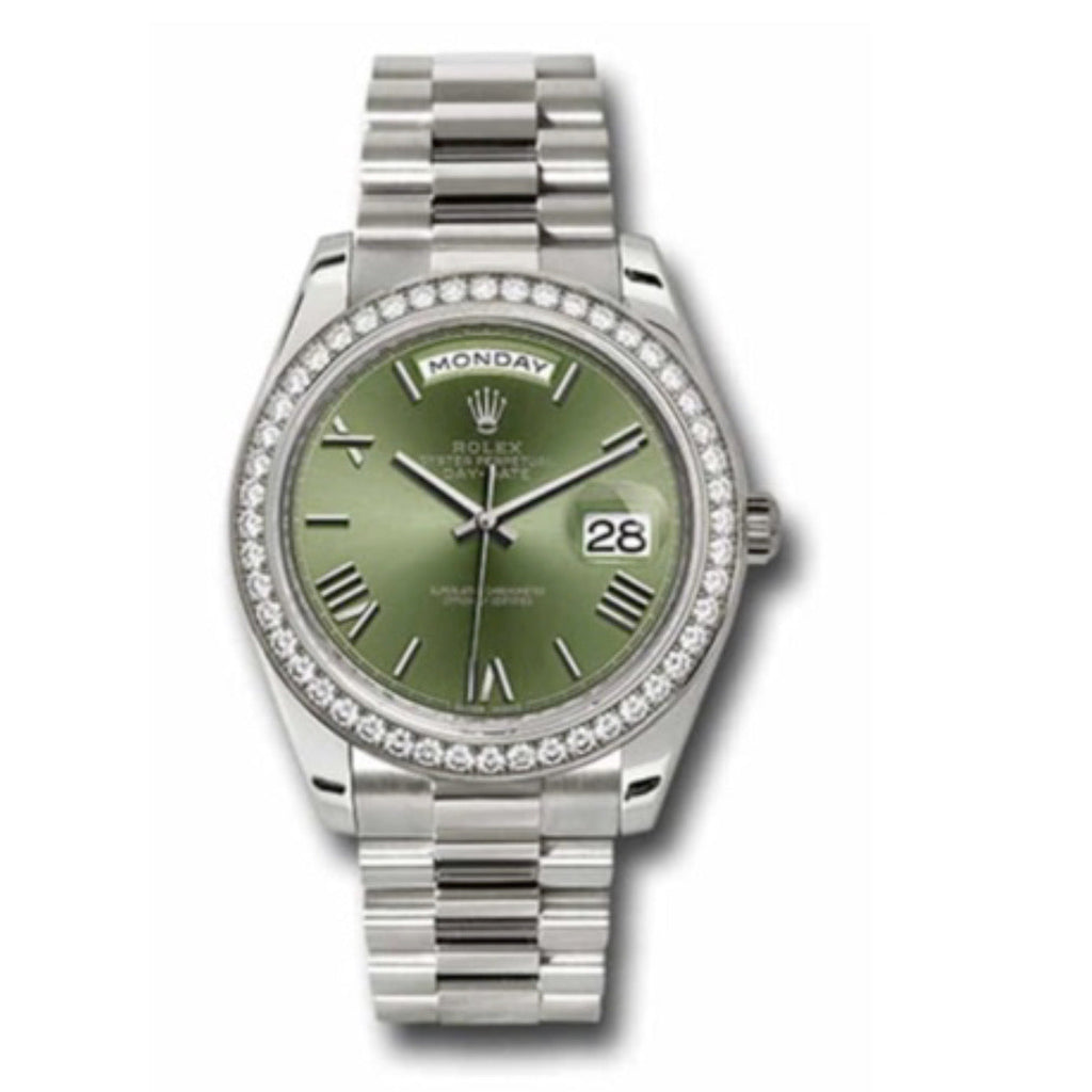 Rolex, Day-Date 40 Presidential Olive green dial, Diamond Bezel, President bracelet, White gold Watch 228349rbr-0030