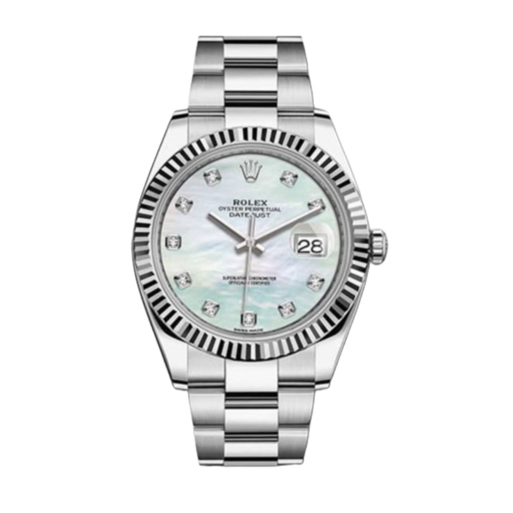 Rolex, Oyster Perpetual Datejust 41mm, Stainless Steel Oyster bracelet, White mother-of-pearl diamond dial Fluted bezel, Stainless steel and 18k white gold Case Men's Watch, Ref. # 126334-0019