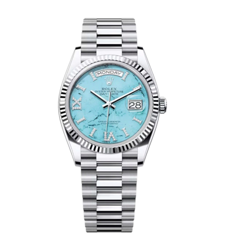 2023 Release Rolex, Day-Date 36, Turquoise set with diamonds dial, President bracelet, Platinum Watch 128236