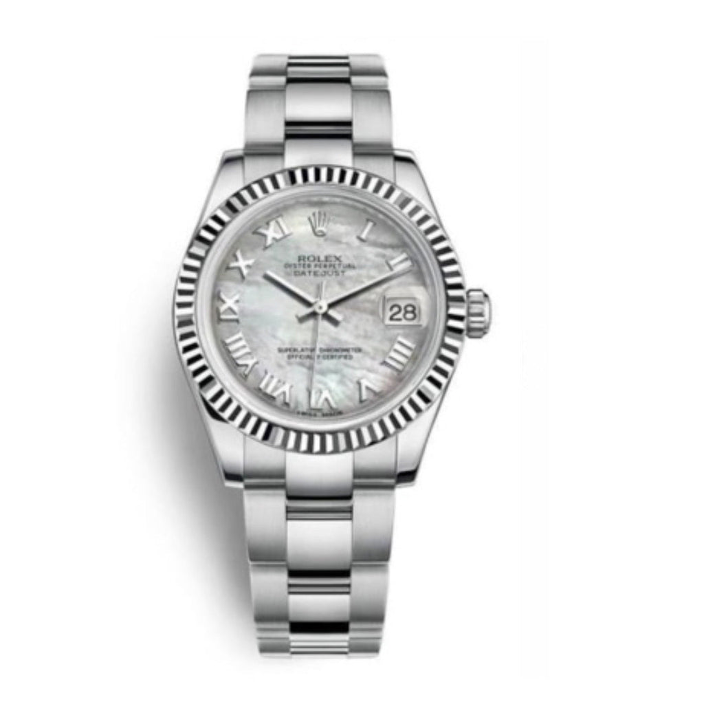 Rolex, Datejust 31 Watch Mother of pearl dial, Stainless steel Oyster Bracelet, 18k White Gold Fluted 178274-0072