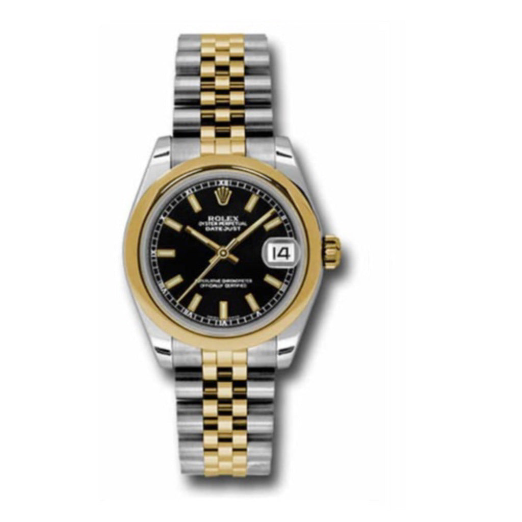 Rolex, Datejust 31mm, Two-Tone Stainless Steel and 18k Yellow Gold Jubilee bracelet, Black dial Smooth bezel, Ladies Watch 178243 bkij