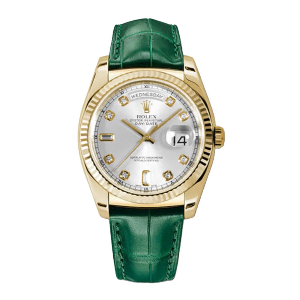 Rolex, Day-Date 36, Silver Diamond Dial Green Leather 118138