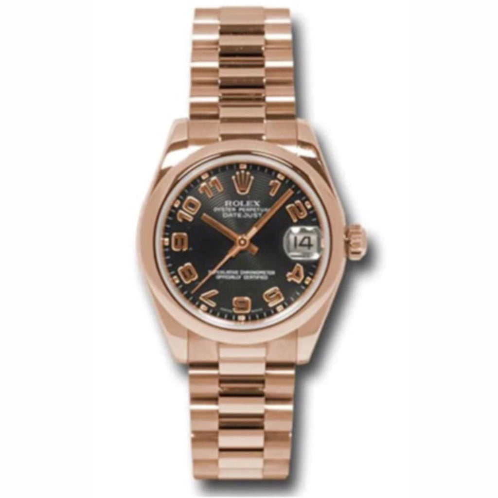 Rolex, Datejust 31mm, 18k Rose Gold President bracelet, Black dial Smooth bezel, 18K Rose gold Case Ladies Watch 178245 bkap