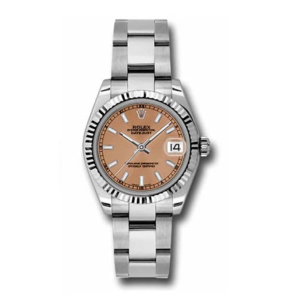 Rolex, Datejust 31 Watch Pink dial, Stainless steel Oyster Bracelet, 18k White Gold Fluted Bezel 178274-0027