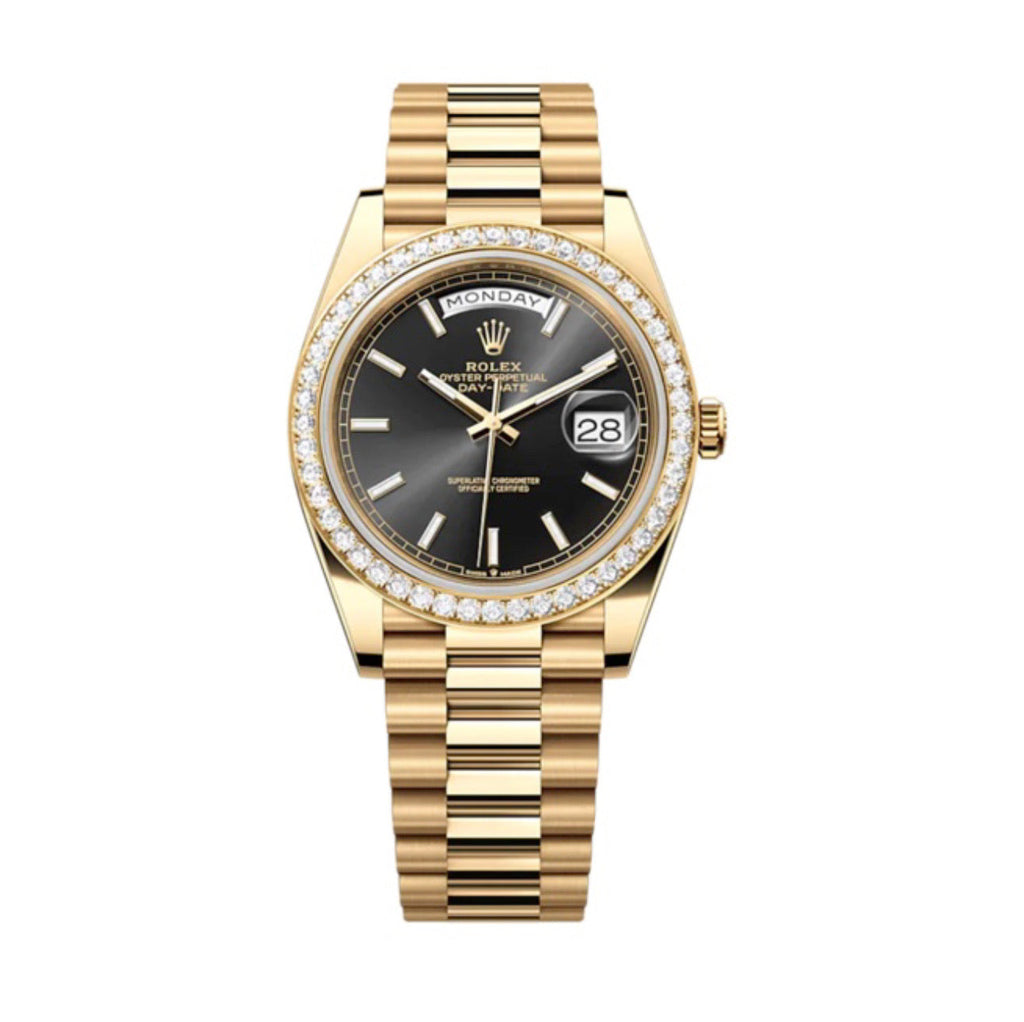 2023 RELEASE Rolex, Day-Date, Bright black dial, President bracelet, 18k yellow gold Watch 228348RBR