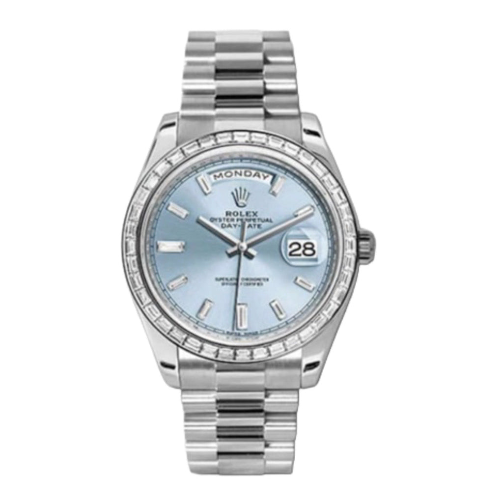 Rolex, Day-Date 40 Presidential Platinum Watch, Blue dial, Diamond Bezel, President bracelet, 2022 model 228396tbr-0002