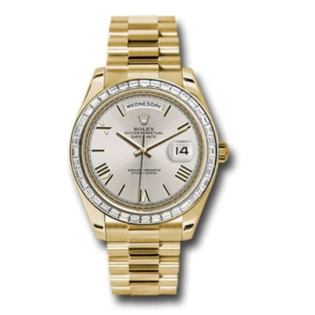 Rolex, Day-Date 40 Presidential, Yellow gold, Silver dial, Watch Diamond Bezel, President bracelet, 228398tbr-0006