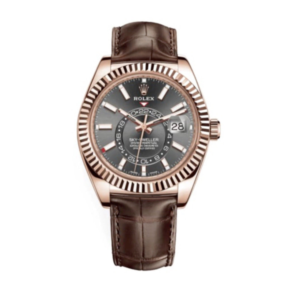 Rolex, Sky-Dweller Dark Rhodium dial Watch Automatic 18kt Everose Gold Leather Strap 326135-0008